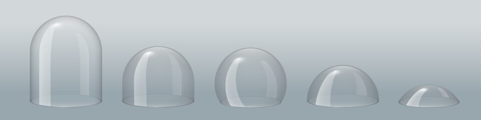 Glass dome, transparent ball, clear plastic cover. Empty glass protection cases for product display. Force field shield bubbles. Christmas snow globes. 3D realistic vector set isolated on gray. © Mariquita vector