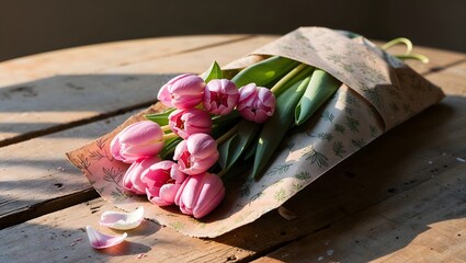 Flower delivery men hands holding pink tulips bouquet indoors