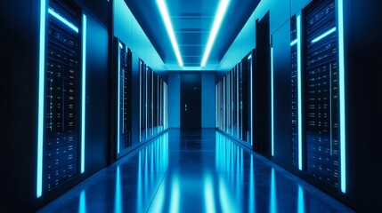Fototapeta premium A high-tech server room with a wide array of servers aligned perfectly, sleek black racks glowing with blue lights, the reflection of the lights on the polished floor
