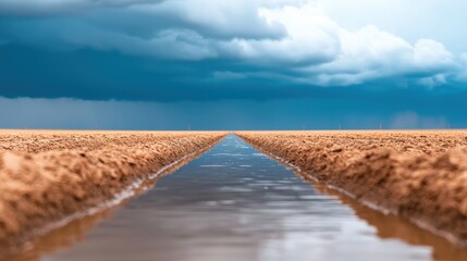 Irrigation canal reflecting stormy clouds in dry agricultural field
