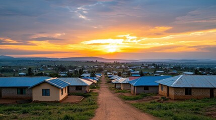 Fototapeta premium Solar powered rural village embracing sustainable living at sunset