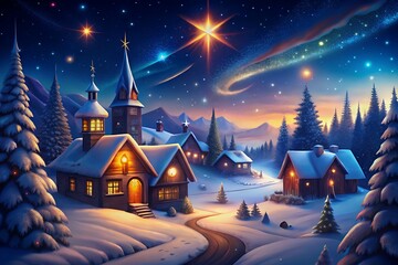 Fototapeta premium landscape with church christmas trees with red and golden garlands into a forest with snowy flakes with shape of stars close to xmas gifts in red boxes