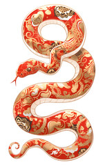Obraz premium Simple red gold snake with floral ornament on skin in cartoon Chinese art style. Asian New Year 2025 isolated clipart