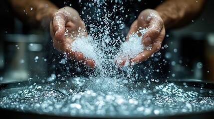 Fototapeta premium A person pours salt into boiling water within a saucepan, captured in a wide-angle photograph to highlight the cooking process