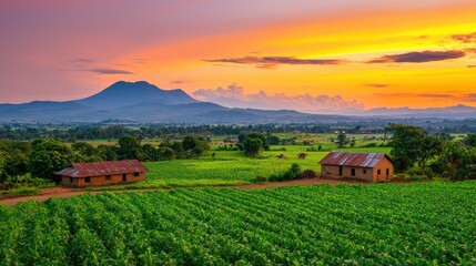 Obraz premium Sunset illuminating green fields and rural houses in a serene countryside landscape