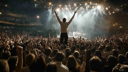 A performer stands triumphant on stage, arms raised to a sea of cheering fans, capturing the electric energy and connection of a live concert.