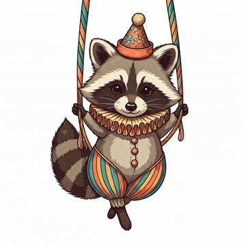 recommend clip art: Chibi raccoon in a circus outfit, performing a high-flying trapeze act, bold lines, white background.
                    