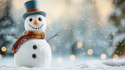 A cheerful snowman adorned with a colorful scarf and top hat stands tall in a winter wonderland, surrounded by glistening snow covered trees and twinkling lights