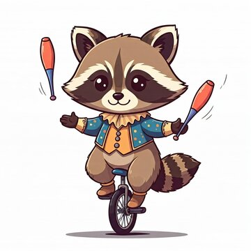 recommend clip art: A chibi raccoon in a circus outfit, riding a unicycle and juggling, with thick outlines, white background.
                    