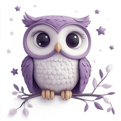 Fototapeta premium Playful purple owl illustration on branch with stars whimsical art creative style fantasy