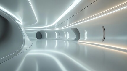 Fototapeta premium A futuristic, minimalist hallway with white walls, a shiny floor, and bright lights.