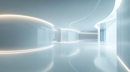 A futuristic, minimalist hallway with white walls, a shiny floor, and bright lights.
