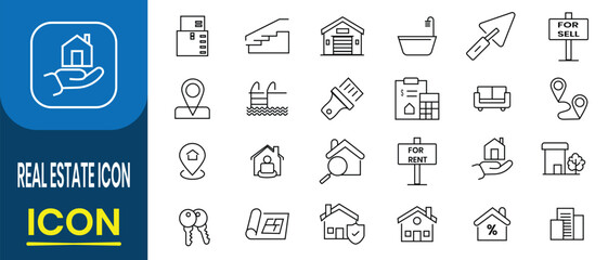Real Estate icon set. Real Estate line icon, constriction icon. Set of tools for construction. Real estate, property, rent house, buy and sell home, building,  mortgage icon. Vector illustration.