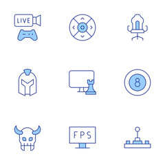 Gaming icons set. Line Duotone style, editable stroke. billiard, chess game, controller, fps, gamer, joysticks, streaming, warlock, warrior