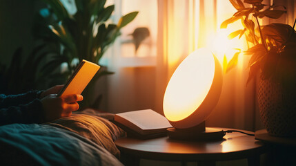 Light therapy lamp on a wooden desk