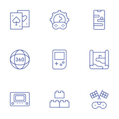 Gaming icons set. Thin Line style, editable stroke. degrees, block, card game, console, custom, online game, racing, game boy, game map