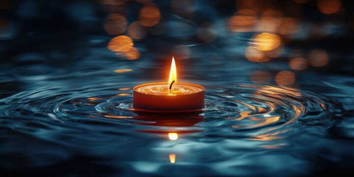 Candle casts a warm glow on tranquil waters during a peaceful evening