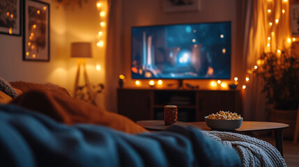 Cozy living room with Christmas lights and TV