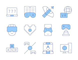 Gaming icons. Line Duotone style, editable stroke. claw machine, computer, crossbow, game, gamepad, heart, round one, trophy, virtual, vr glasses, wasd, win