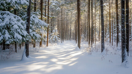 Fototapeta premium Snowy pine forest in winter sunlight