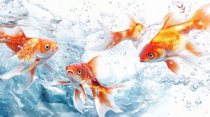 Bright goldfish swimming energetically in clear water, surrounded by dynamic bubbles and vivid colors.