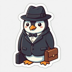 A chibi penguin in a black mafia tuxedo, holding a briefcase, thick lines, white background, sticker style.