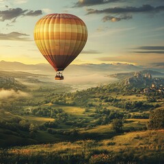 Fototapeta premium Hot air balloon soaring over a picturesque valley at sunrise.