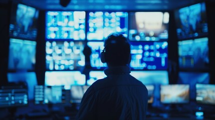 Monitoring specialist overlooks a blue-illuminated tech environment, surrounded by complex displays in this control center of digital vigilance.