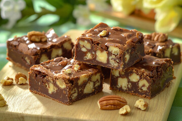 Delicious chocolate nut brownie squares arranged on a wooden board