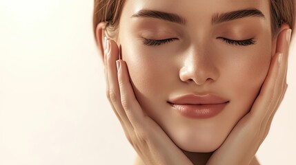 Fototapeta premium Detailed photograph of a young woman with a flawless, makeup-free face, smiling softly, isolated on white background