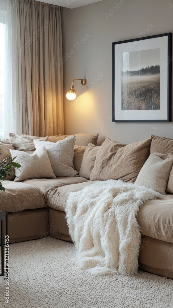 Poster Light-filled living area featuring a plush brown corner sofa with an array of soft pillows, complemented by a warm throw, inviting relaxation and comfort throughout the day