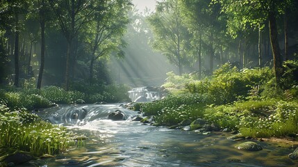 Obraz premium A serene, sun-dappled glade in the heart of a dense forest, where a crystal-clear stream winds its way through a carpet of emerald moss.