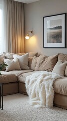 Fototapeta premium Light-filled living area featuring a plush brown corner sofa with an array of soft pillows, complemented by a warm throw, inviting relaxation and comfort throughout the day