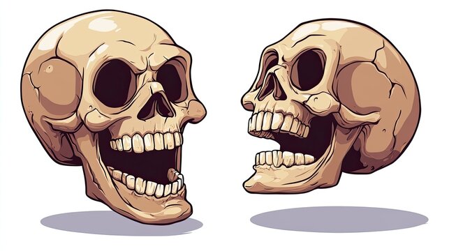 Two cartoon skulls, side by side, with their mouths open in a lively expression.  The beige and brown tones create a unique visual effect.
