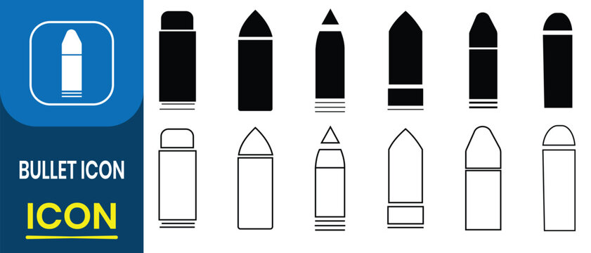 Set of Illustrations of bullets and cartridge icon. Military ammunition, weapon ammo types and size in flat style, Bullet or patron silhouette. Vector illustration. 