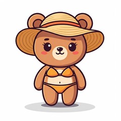 Fototapeta premium Cute chibi bear wearing sun hat and summer bikini outfit, with thick lines and clean white background. 