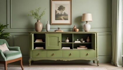 Wood sideboard in green living room with copy space