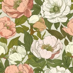 Hand-drawn seamless pattern of peony flowers, whimsical design with soft pinks and greens, playful and elegant