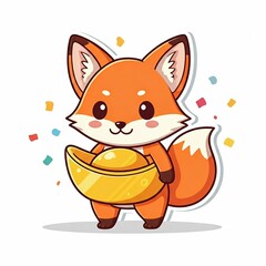 Chibi fox holding a gold ingot, with festive confetti around. Sticker style, white background.
