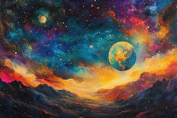 A Colorful Painting of a Planet with a Mountainous Landscape in the Foreground and a Starry Sky Above