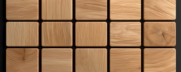 A grid of wooden tiles showcasing natural textures and patterns, arranged neatly on a dark surface.