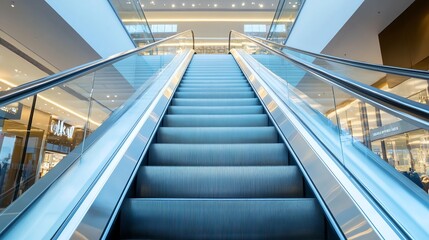 A modern escalator in a shopping mall with glass handrails.