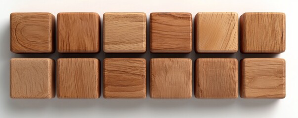 A row of ten wooden cubes arranged neatly on a surface, showcasing their natural grain and texture.