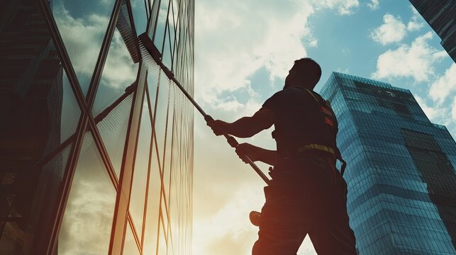 Professional window cleaner extending a telescopic water brush to reach high windows on a modern skyscraper