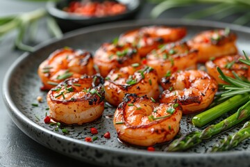 Grilled Shrimp and Roasted Asparagus on Gray Plate
