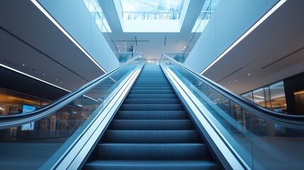 Obraz premium A modern escalator going up in a shopping mall with a glass ceiling.
