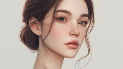 Professional photograph of a young woman with flawless skin, looking refreshed and natural, isolated on white background