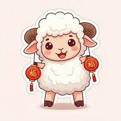 Fototapeta premium Chibi sheep with a festive lantern, celebrating Chinese New Year with a smile. Sticker style, white background. 