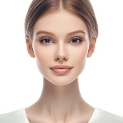 Fototapeta premium Realistic photograph of a young woman with smooth, clear skin, enjoying a light facial massage, isolated on white background