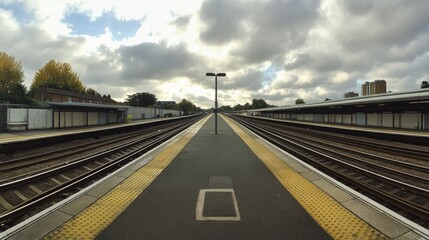 Fototapeta premium Wide-angle view of an empty railway platform, parallel tracks stretching into the distance under a cloudy sky